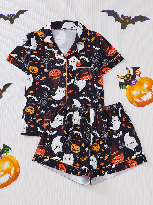 Comfy Short Sleeve Halloween Skull Pajamas Set