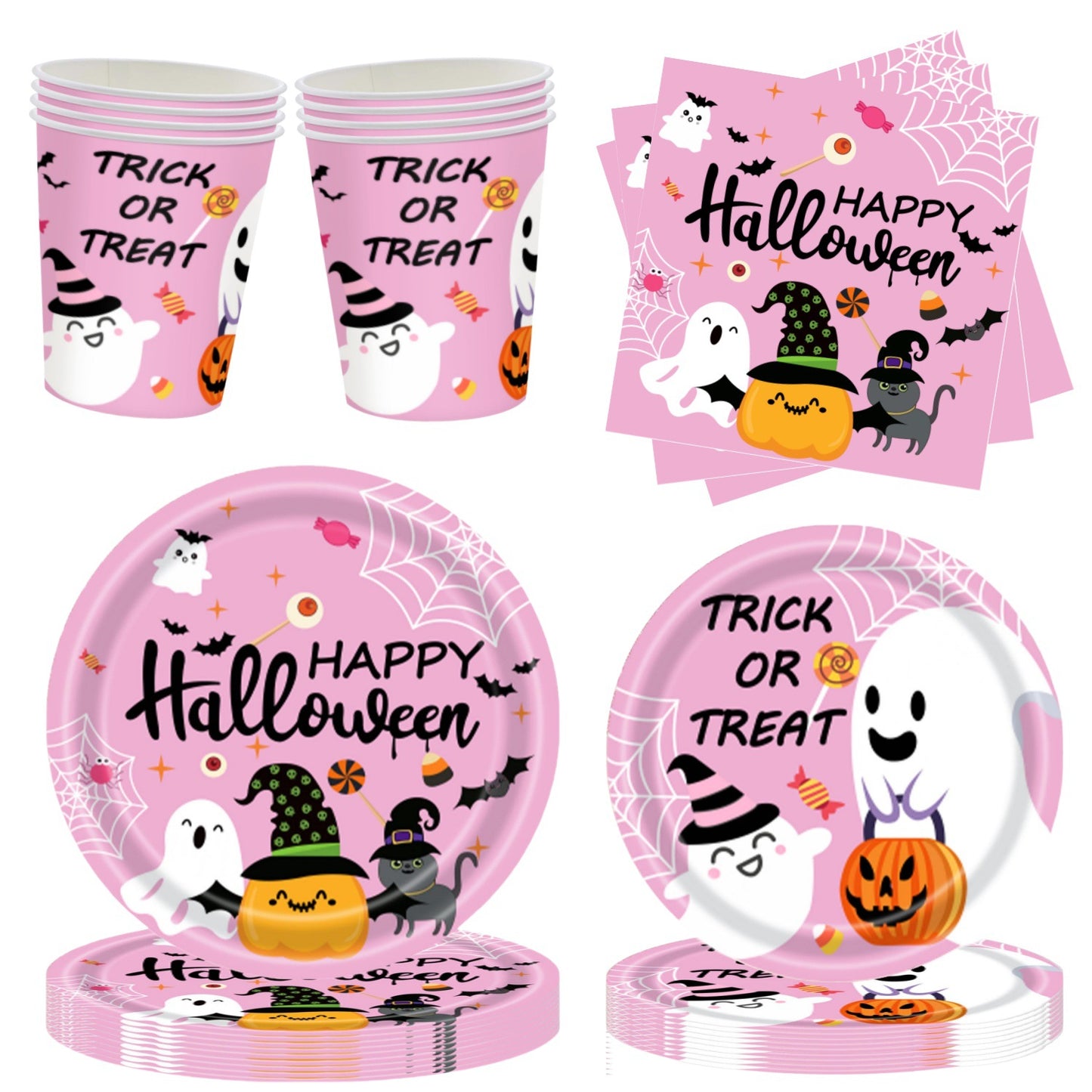 Pink Halloween Party Tableware Set – 120 Pcs Disposable Plates & Napkins