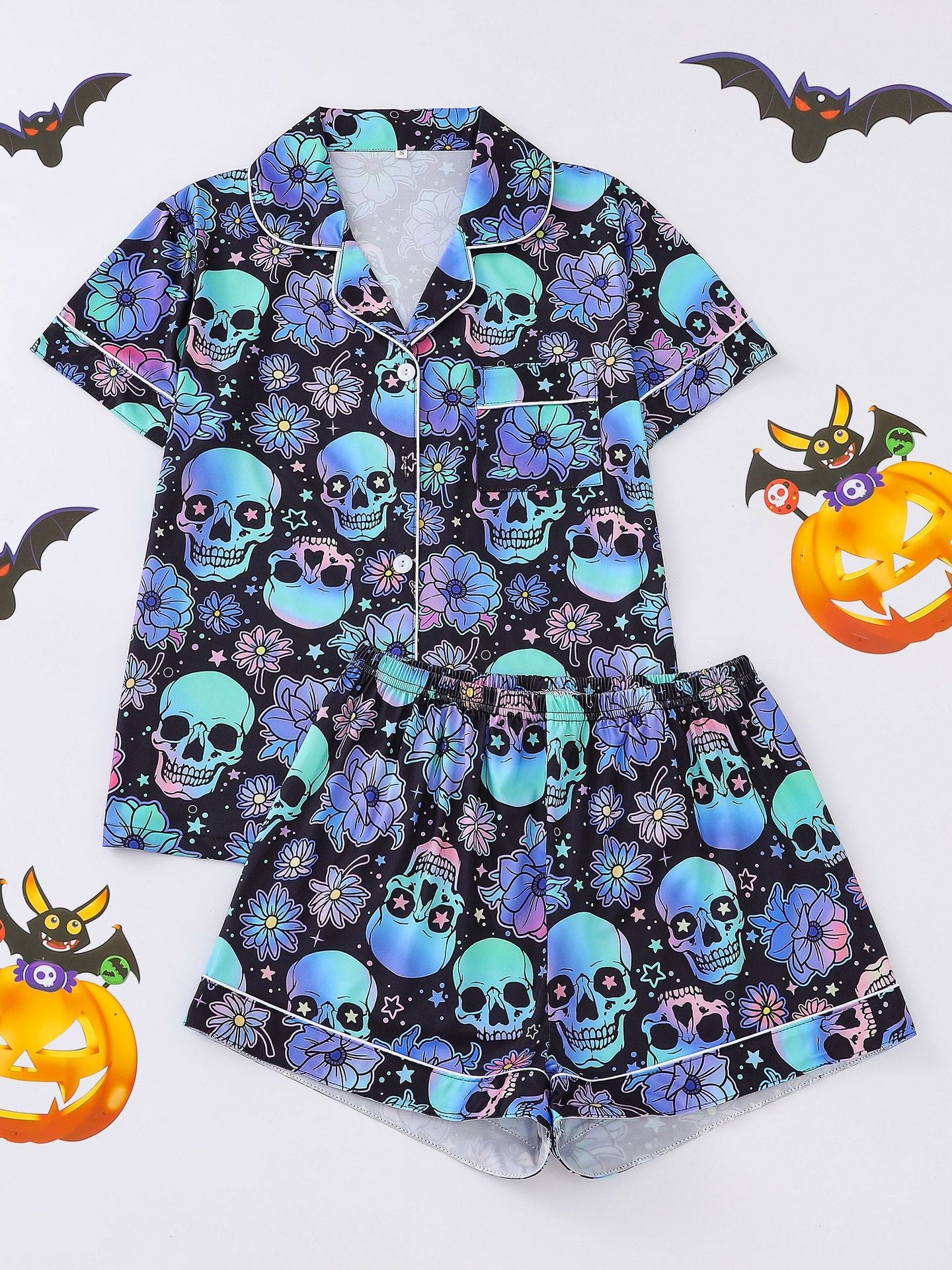 Comfy Short Sleeve Halloween Skull Pajamas Set