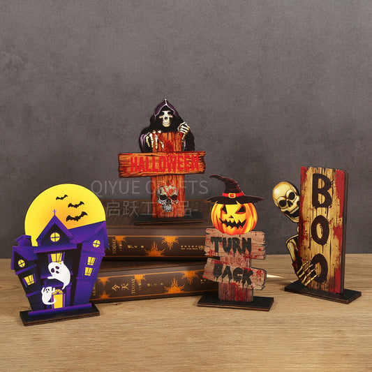 Cross-border retro Halloween skull desktop ornaments Ghost Festival cross creative decorative ornaments wooden holiday decorations