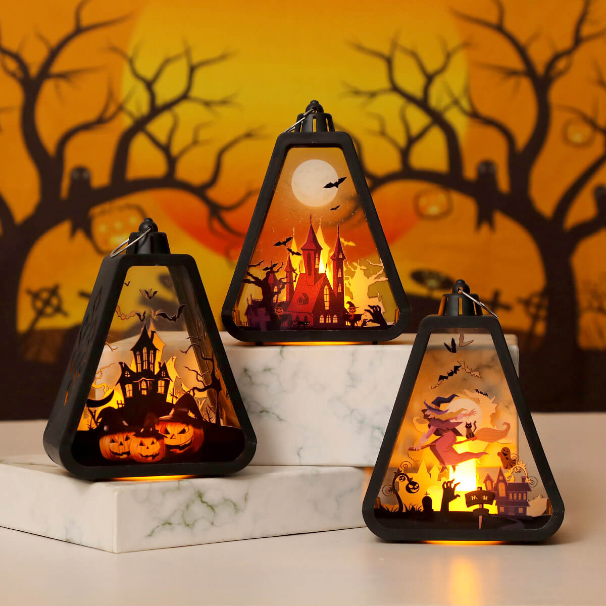 Halloween Lantern Decoration Set – 3 Assorted Mini Desktop Lanterns